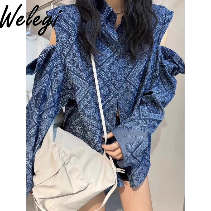 Sexy Off The Shoulder Denim Shirts Ropa De Mujer 2024 Autumn Retro Color Hollow Polo Lapel Outer Wear American Mid Length Shirt