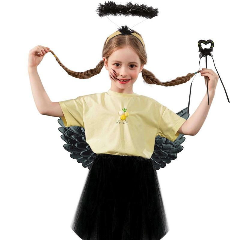 Kostiumy anioła na Halloween dla dziewczynek opaska na głowę z ciemnymi anielskimi skrzydłami zestaw na Cosplay nowatorskie artykuły Cosplay dla małych dziewczynek
