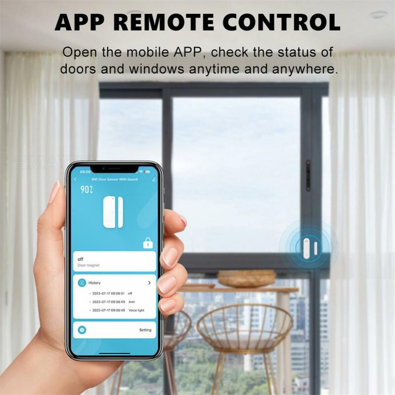 Sensor pintu jendela WiFi Tuya, dengan lampu suara detektor magnetik Alarm rumah pintar kontrol hidup pintar bekerja dengan Alexa Google rumah