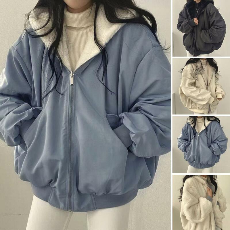 Jaqueta de algodão grosso para mulheres, casaco com capuz, fecho de zíper, Outwear à prova de vento, punho elástico, bolso, monocromático, inverno, casal