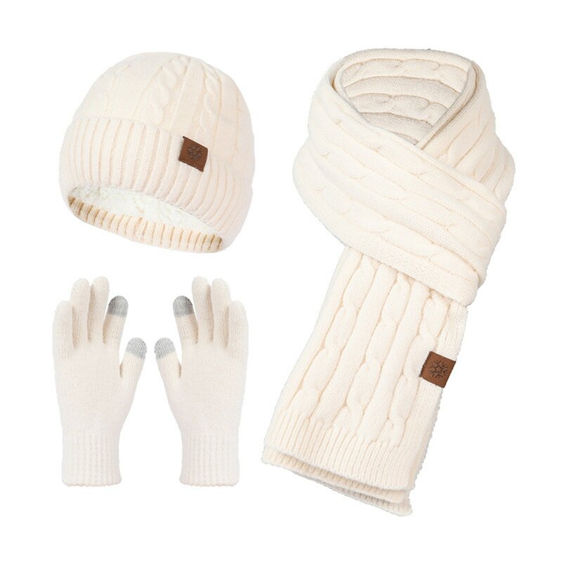 New Knitted Hat Scarf Gloves Women'S Fleece Cold Proof Warm Keeping Three Piece Set
