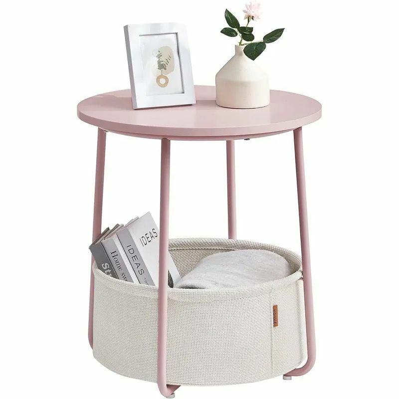 Small Round Side End Table, Modern Nightstand with Fabric Basket, Bedside Table for Living Room Bedroom