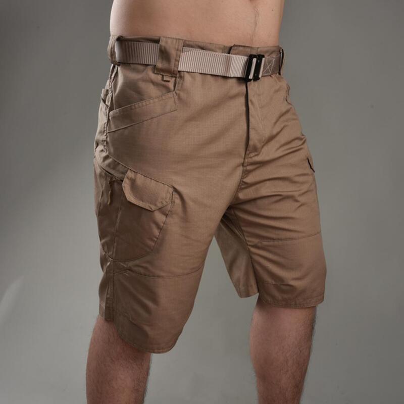 Celana pendek kargo musim panas pria, celana pendek kargo dengan kancing ritsleting desain kaki lurus motif kamuflase untuk A