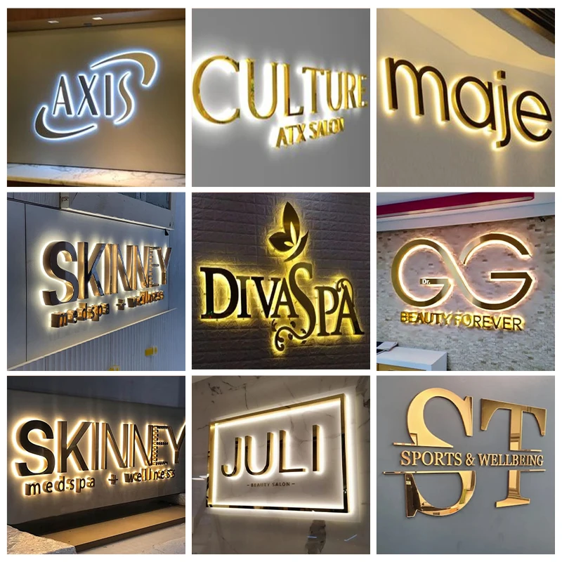 Niestandardowe akrylowe Logo firmy neonowe światła metalowe litery biznes prywatny znak Led Salon kosmetyczny plakietki Studio włosów 3D znak