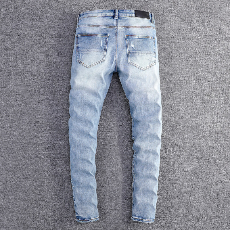 Уличная мода, мужские джинсы в стиле ретро, цвет коричневый, синий стрейч, облегающие рваные джинсы, мужские белые кожаные заплатки, дизайнерские Брендовые брюки в стиле хип-хоп