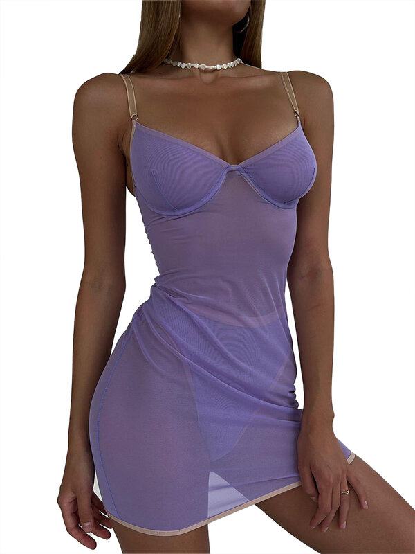 Women's Sexy Sheer Pajamas Purple Set V Neck Sheer Sheer Bodysuit Camisole Dress + Thong Pajama Underwear
