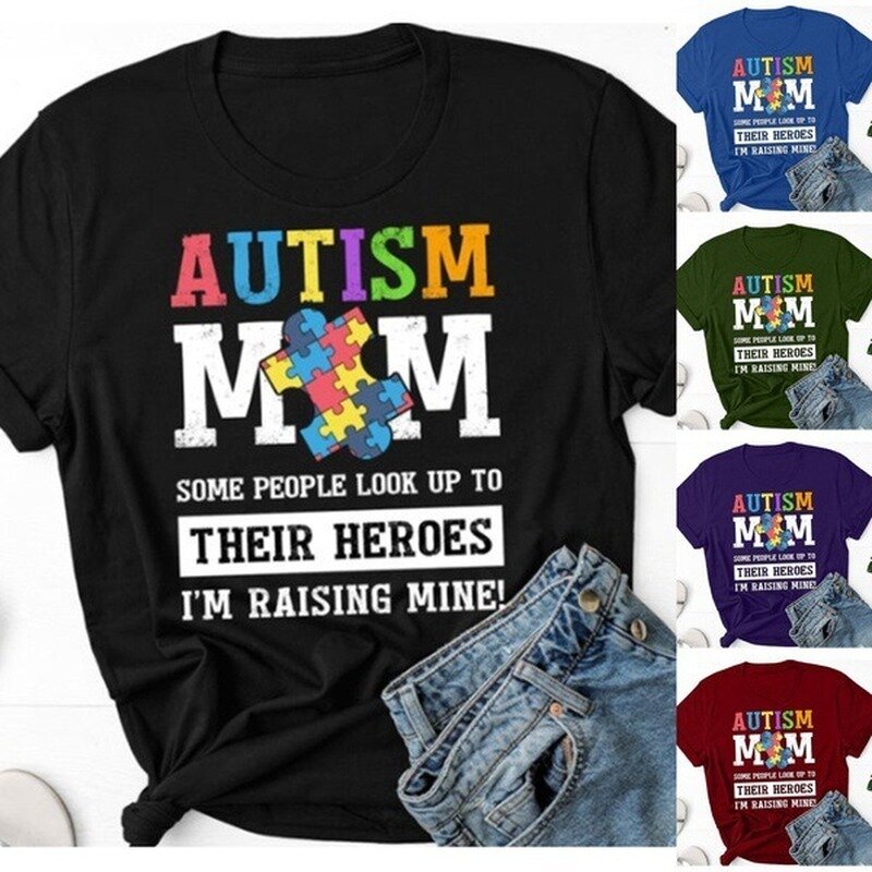 T-shirt de manga curta com a mãe e impressão do autismo para as mulheres, gola redonda, top solto, verão