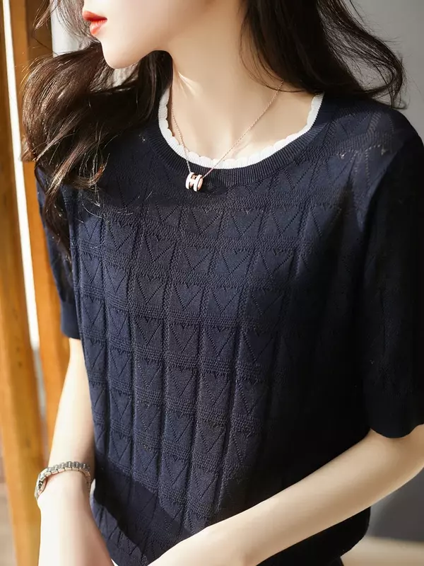Sweet Ladies Slim Chic Woman T-shirt Summer New Hollow Out Solid Color Women T-shirt Black White Knitted Loose Casual Top Female
