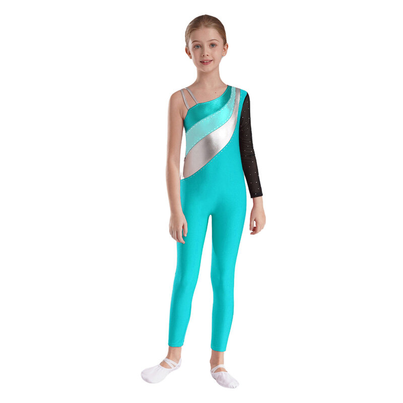 TiaoBug 어린이 소녀 체조 댄스 바디 수트, 피겨 스케이팅 공연용 긴 소매 점프수트, 한쪽 어깨 대비 색상