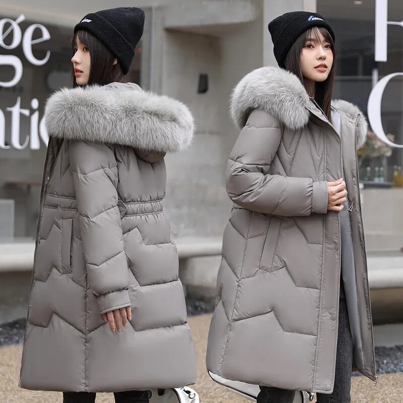 2023 New Winter Women's Fashion Hooded Down Cotton Jacket Coat Big Fur Collar Long Coats Female Thick Warm Cotton Padded Outer