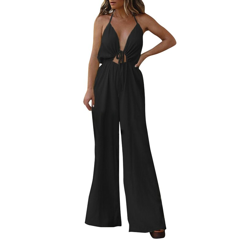 Women's Sexy Backless Jumpsuit V Neck Hollow Lace Up Ladies Fashion Sleeveless Long Pant Jumpsuits Summer Bodysuit Women