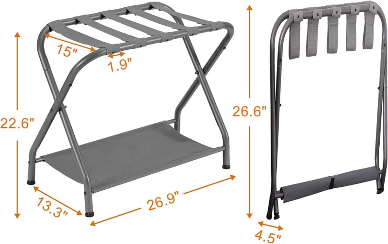 Heybly Luggage Rack,Pack of 2,Steel Folding Suitcase Stand with Storage Shelf for Guest Room Bedroom Hotel,Gray or Black