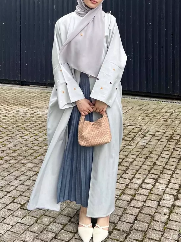 Abaya muçulmano bordado do coração do amor para mulheres, vestido do Eid, Marrocos, Ramadan, Lace-up, Kaftan, Cardigan do Islã, Dubai, árabe, robe longo