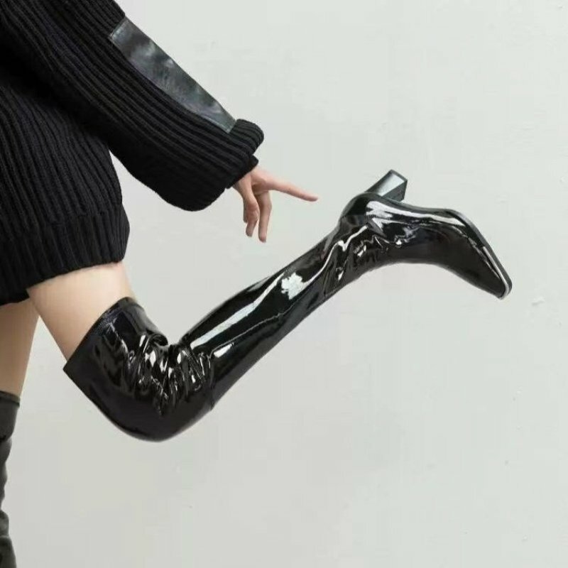 Botas genuínas de coxa de couro de vaca para mulheres, saltos altos volumosos, botas de metal sobre o joelho, sapatos femininos sexy, senhora nova moda