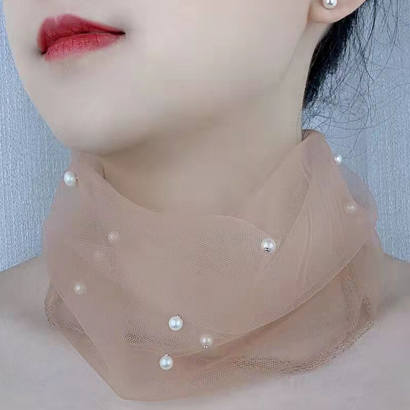 Women Scarf Ruffle Neck Cover Bib Headband Thin Sunscreen Scarves Mesh Fake Pearl Collar Scarf Organza Elastic Small Neckerchief