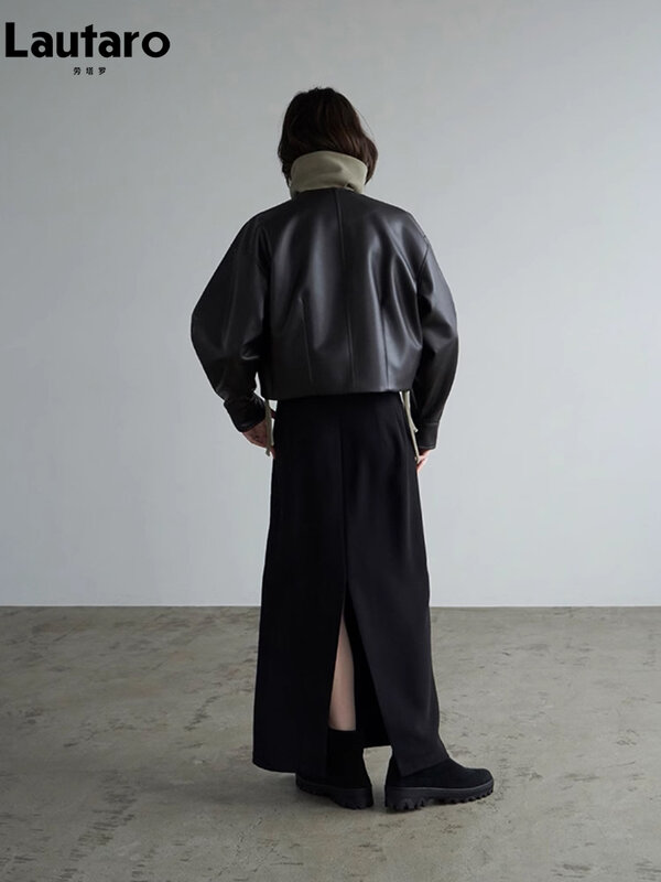 Lautaro Autumn Cool Oversized Short Black Soft Pu Leather Jacket Women with Front Pockets Long Sleeve Luxury Designer Clothing