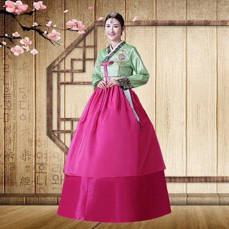 Geborduurde Koreaanse Dames Traditionele Koreaanse Hofkostuum, Hoge Taille, Grote Lange Hanbok Verbeterde Dansvoorstelling Van Vandaag