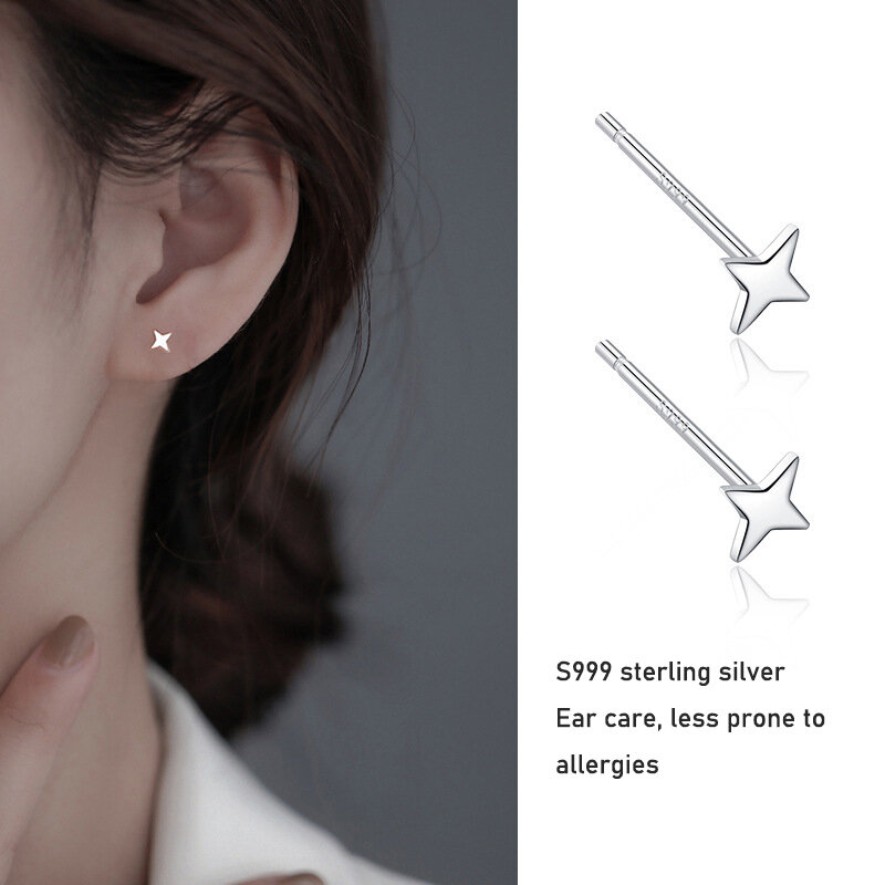Clavo de oreja de plata pura S999 para mujer, cuidado Simple avanzado, temperamento de orificio de oreja, clavo de hueso de oreja Simple y compacto