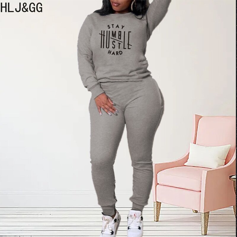 HLJ&GG Autumn Winter Letter Printing Jogger Pants Sets Women Round Neck Long Sleeve Top And Pants Two Piece Outfits Tracksuits