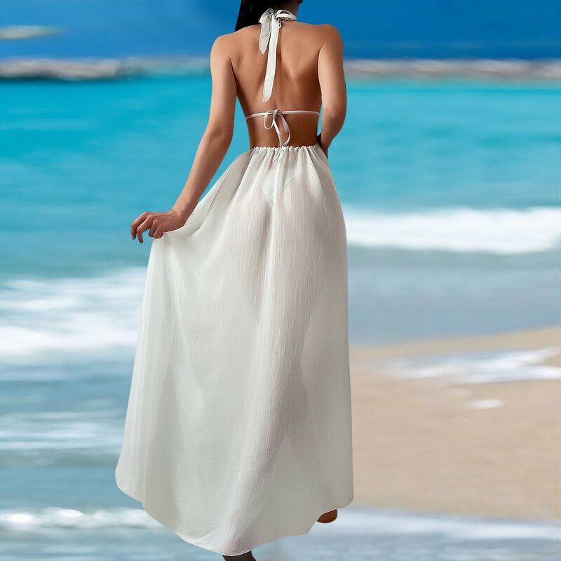 Сексуальная Пляжная накидка с глубоким V-образным вырезом и открытой спиной, накидки, прозрачное пляжное платье, Женский цельный купальник, белая пляжная одежда