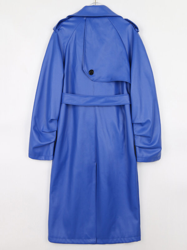Lautaro primavera outono longo falso couro trench coat para mulheres cinto duplo breasted luxo elegante moda 2022