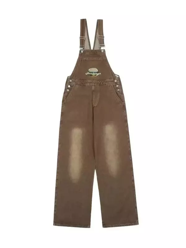 Brown embroidered suspenders female outdoor artist sketching cargo pants spring summer loose straight jeans one-piece trousers