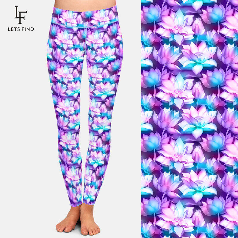 LETSFIND 아름다운 연꽃 인쇄 레깅스 패션 높은 허리 고품질 여성 피트니스 레깅스
