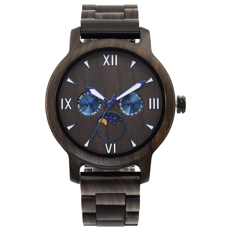 Relógios de pulso de quartzo masculino, data redonda, pulseira de madeira artesanal, pulseira leve