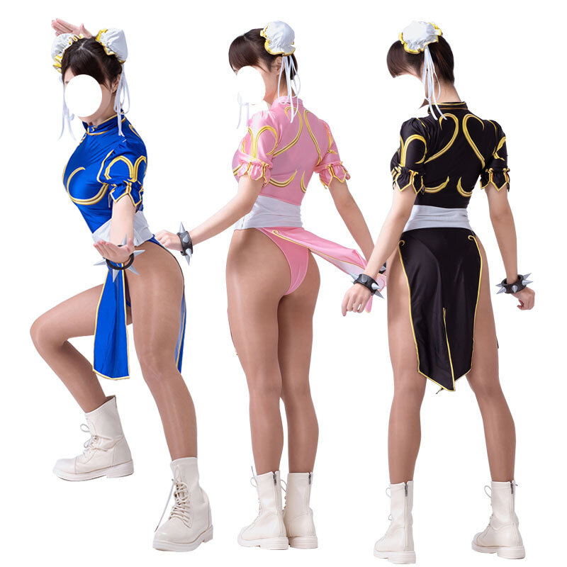 Game Chun Li Cosplay Costume Street Fighter Blue Pink Cheongsam Dress Women Halloween Sexy Outfit Set Wristband Sutorito Faita