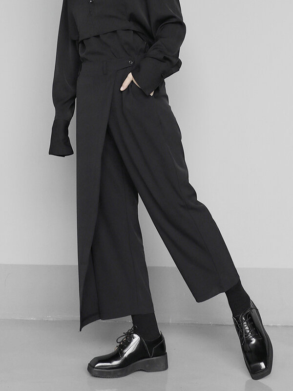 [EAM] wysoka elastyczna talia czarne krótkie spodnie długie plisowane nowe spodnie luźny krój damskie modna fala wiosna jesień 2024 1 s430