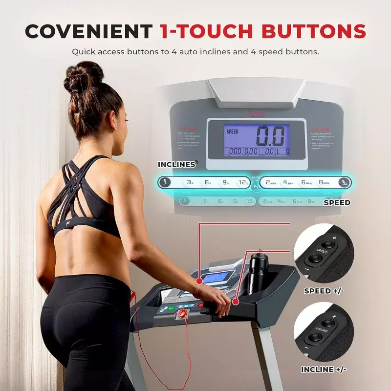 Sunny Health & Fitness cinta de correr Premium con inclinación automática, botones de velocidad dedicada, tecnología de doble cubierta, actuación Digital
