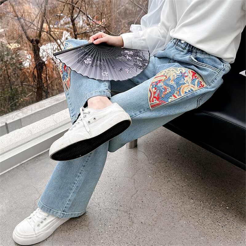 Jeans anak perempuan Musim Semi dan Gugur 6-12 tahun gaya Luar Negeri usia 15 tahun pakaian anak-anak 2024 celana kaki lebar gaya Tiongkok baru ti