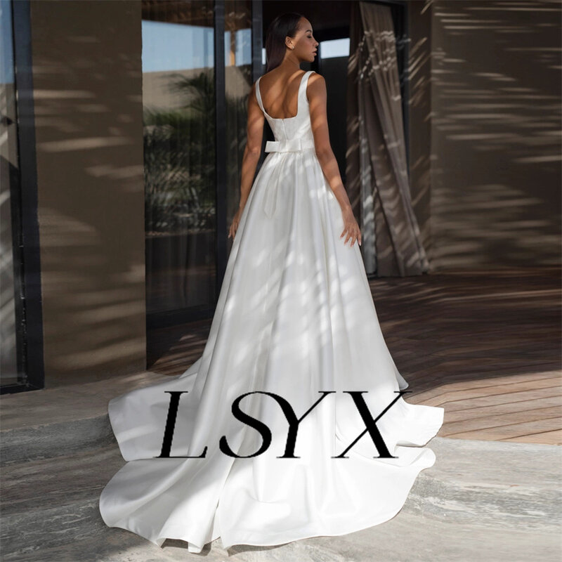 LSYX-فستان زفاف بسيط بدون أكمام برقبة مربعة ، كريب بفيونكة ، على شكل حرف A ، ظهر بسحاب ، ثوب زفاف بقطار المحكمة ، مصنوع حسب الطلب
