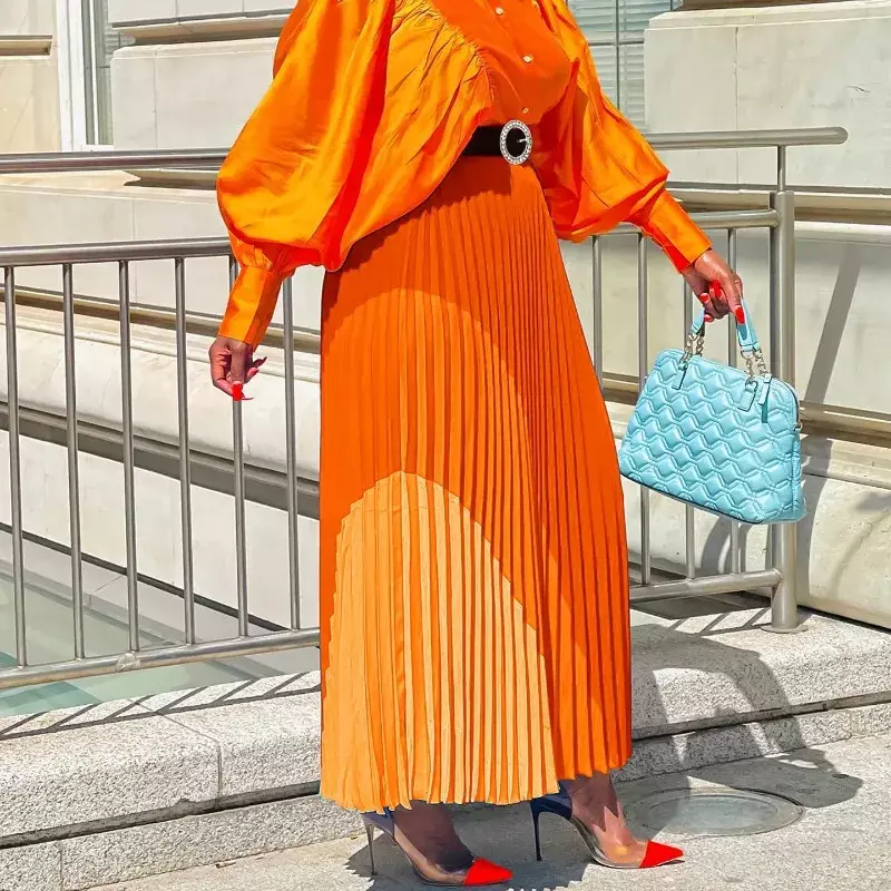 Długie spódnice z nadrukiem gradientowym dla kobiet plisowana spódnica z wysokim stanem huśtawka A Line strój kobiecy elegancki wakacyjny Jupe z paskiem