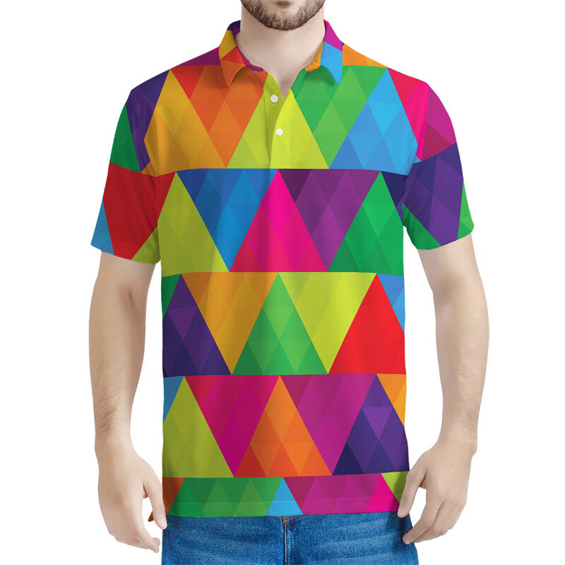 Kaus Polo geometris motif segitiga 3D warna-warni untuk Pria Atasan kasual lengan pendek kebesaran Wanita kaus Lapel jalanan