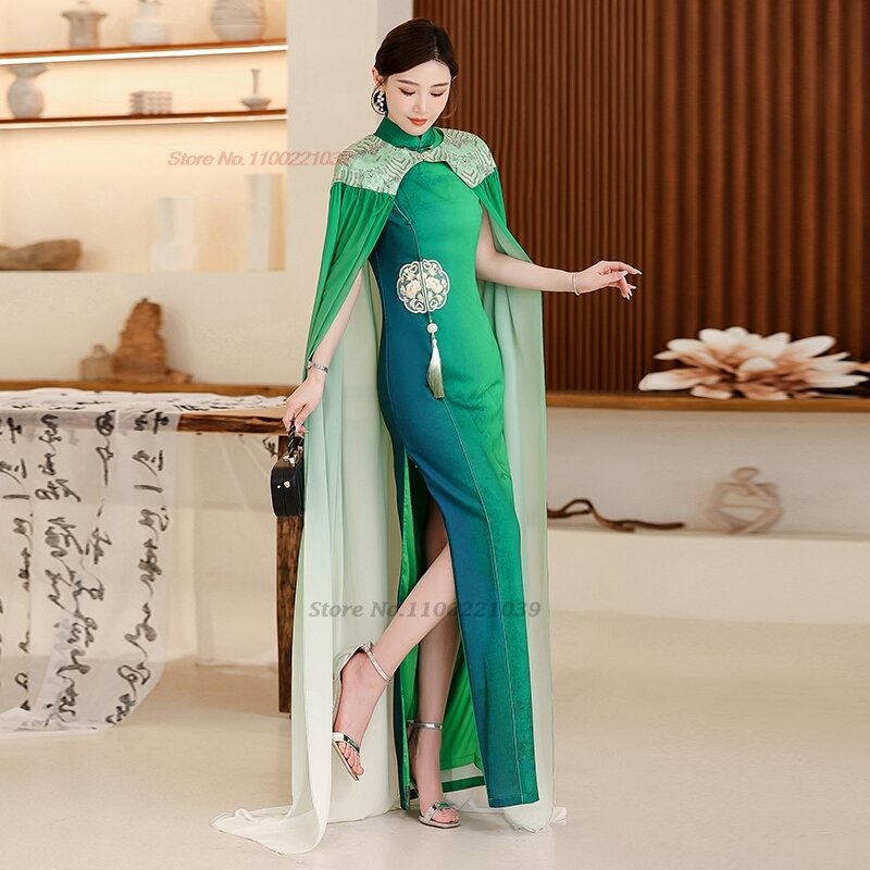 Vestido vintage chinês com manto, Cheongsam retro, Vestido de festa, Bordado nacional da flor, Vestido de banquete, Qipao, 2024