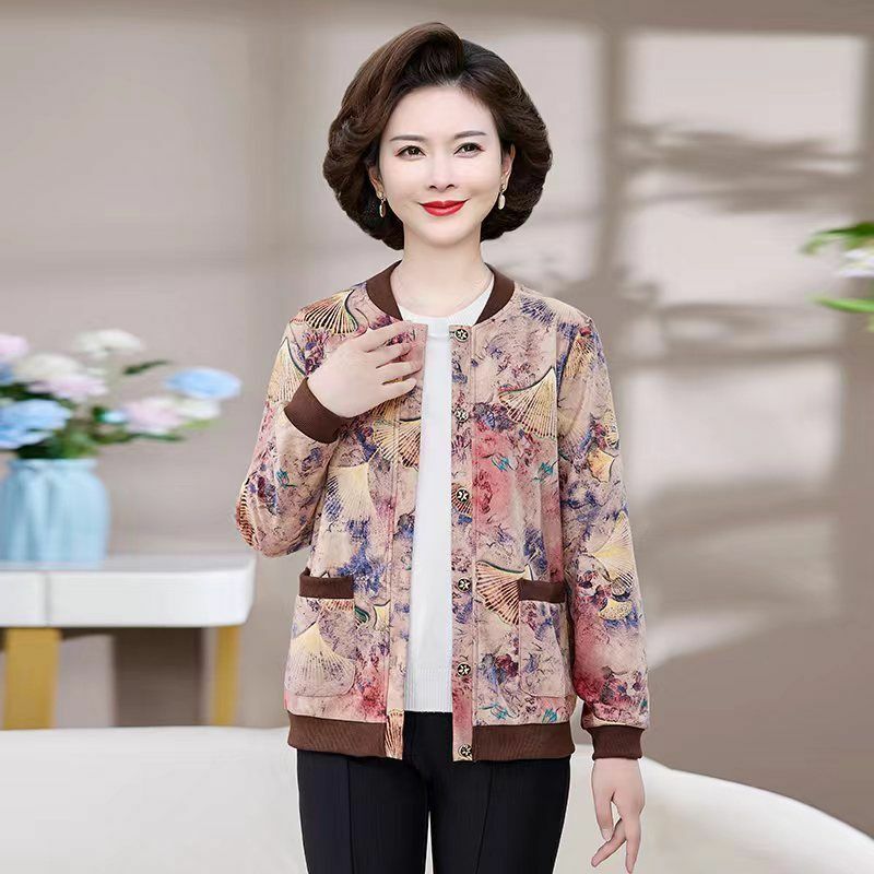 Jaket motif bunga wanita, baju Kantor Wanita Atasan hangat kebesaran bersaku kancing Vintage bermotif bunga 2023 musim dingin