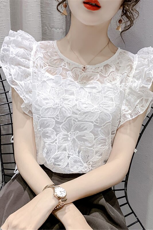 Verão das mulheres Manga Voadora Elegante Camisa Floral Branca Senhora Doce O Pescoço Cor Sólida Ruffles Camisa Fina
