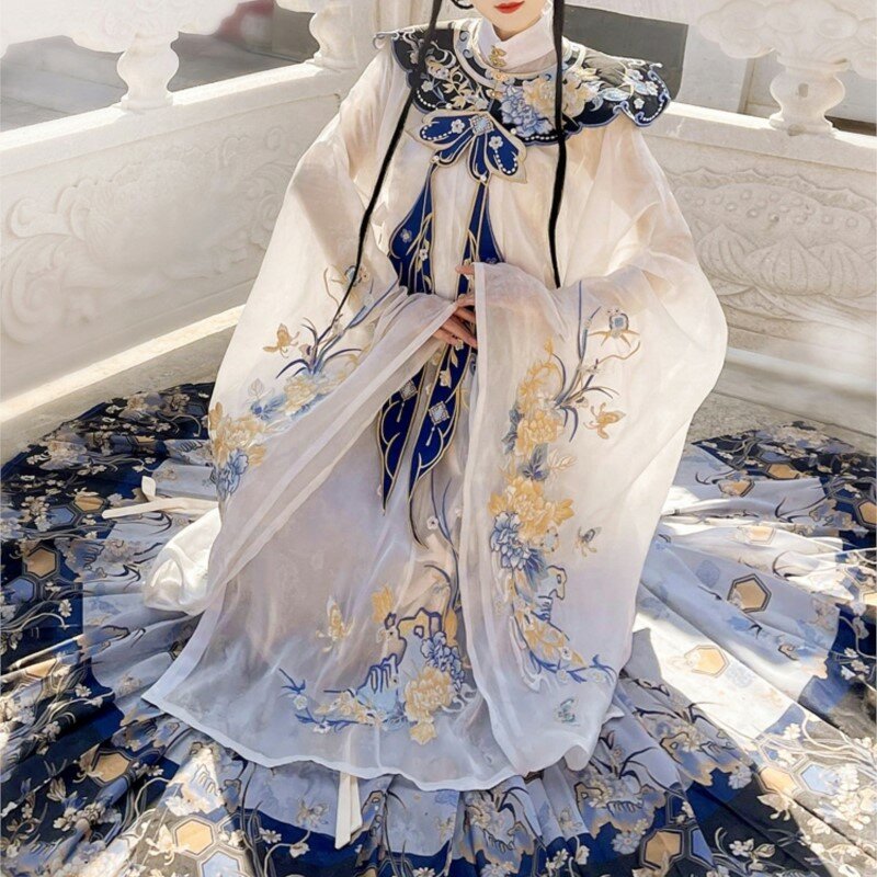 Ming-Style Stand-up Collar Shirt Waist-High Dress Machine Embroidery Cloud Shoulder Hanfu