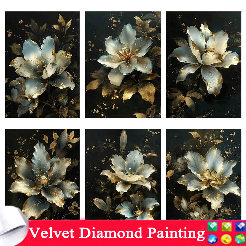 لوحة ماسية 5D فن الفسيفساء الكامل ، مجموعات الزهور ، الأزهار الذهبية البيضاء ، صورة تطريز حجر الراين ، ديكور جداري ، تصنعه بنفسك ، 9
