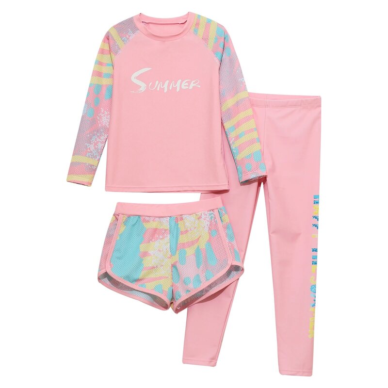 3Pcs Kids Girls Colorful Print Swimsuit Sun Protection Rash Guard Long Sleeve Top with Shorts Pants Swimwear Beach Bathing Suit