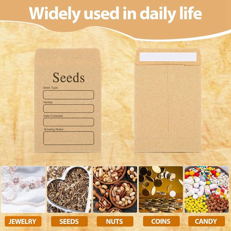 茶色のクラフト紙の種子の封筒、再封可能なセルフシール、種子パケット、3.54x2.36 "、100個