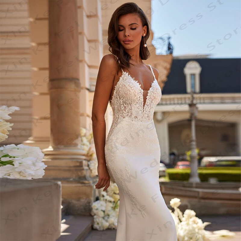 Gaun pengantin putri duyung wanita cantik seksi bahu terbuka tanpa lengan renda Applique putri gaun pernikahan Prom gaun pantai Formal