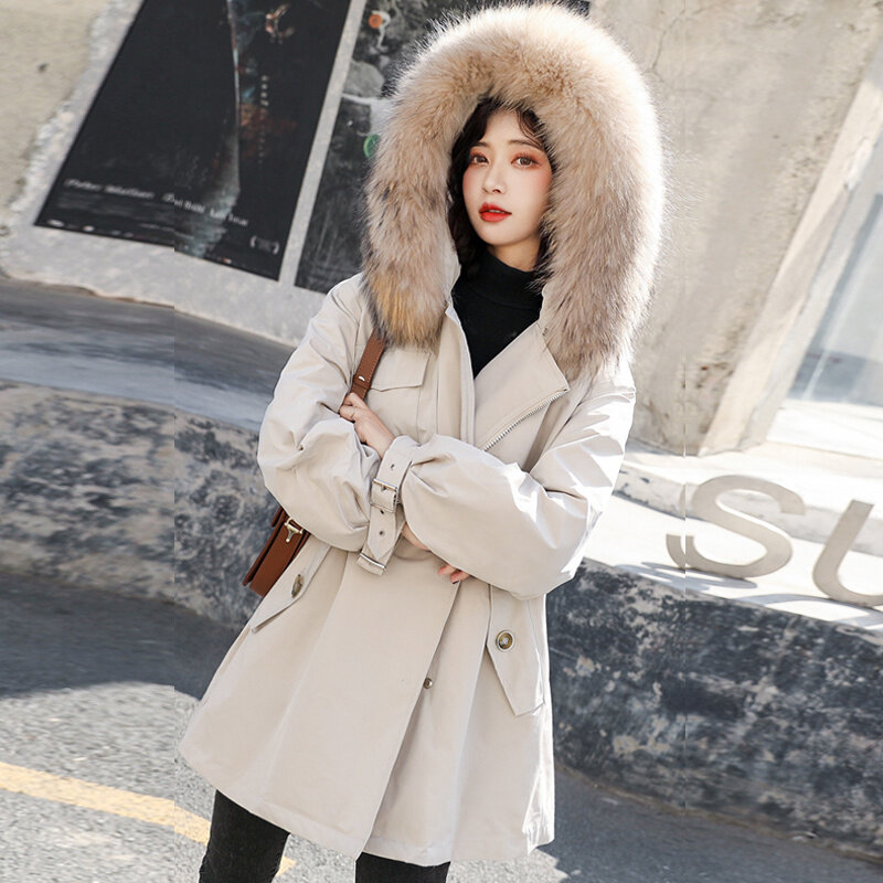 Women Real Natural Fur Collar 2023 New Winter Long White Duck Down Jacket Female Warm Windproof Down Coat Hooded Loose With Belt