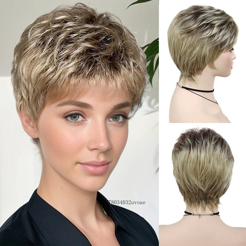 Natural Pixie Cut Wig for Women Synthetic Short Mommy Wigs Mix Blonde Wig with Bangs Straight Haircut Daily Cosplay Halloween