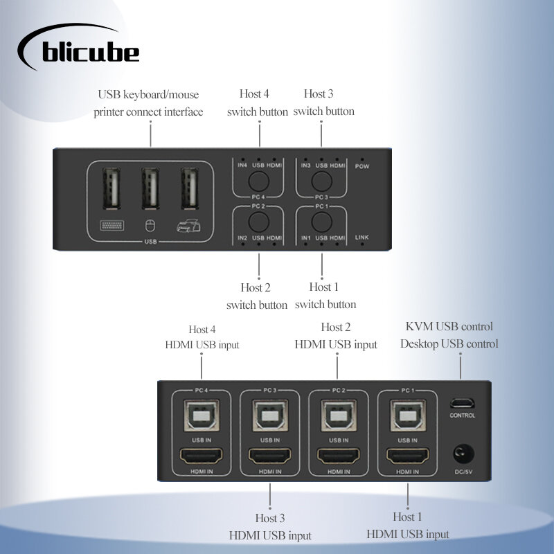 PiKVM BLIKVM HDMI 스위치 KVM 공유 노트북, 4 포트 컨버터, USB 마우스 키보드 디스플레이, 4 인 1 출력
