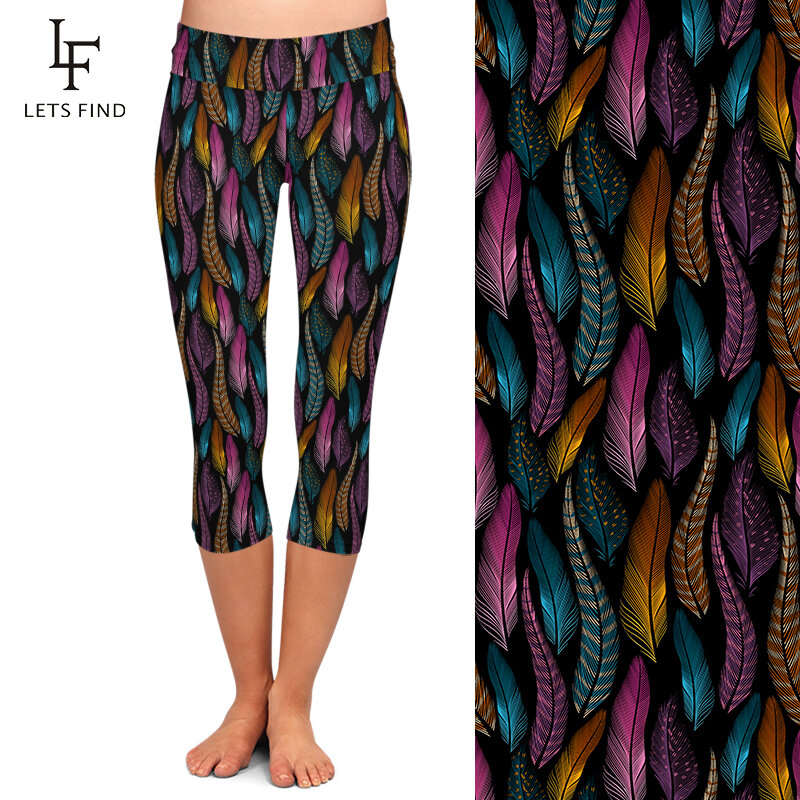 LETSFIND – pantalon en soie avec plumes colorées pour femmes, pantalon mi-mollet imprimé, taille haute, mode Fitness, Capri élastique