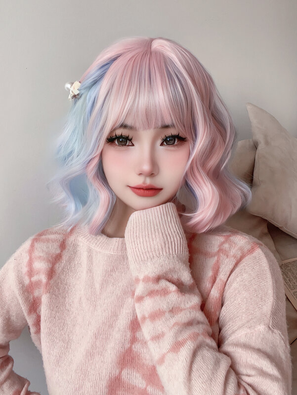 Lolita-pelucas sintéticas de Color azul y rosa para mujer, pelo ondulado Natural corto con flequillo, multicolor, 12 pulgadas, resistente al calor, Cosplay