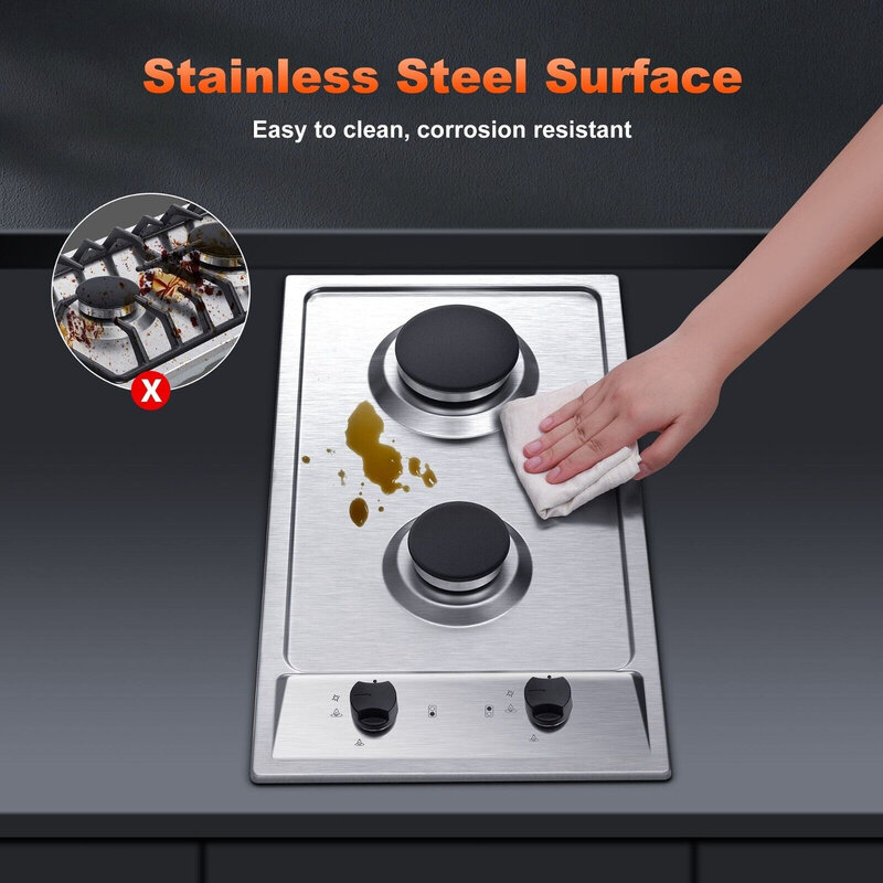 Tieasy 2-Burners 12 inch Stainless Steel Kitchen Gas Hob NG/LPG Convertible Gas Cooktop GH001-122S