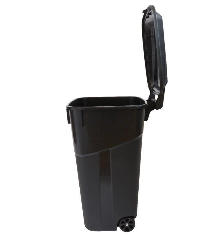 Bidone della spazzatura in plastica resistente con ruote Hyper Tough da 32 galloni, coperchio attaccato, nero